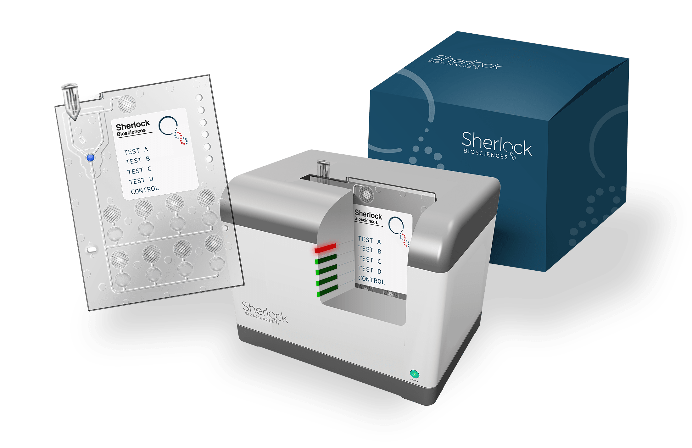 prototype of testing device and a box labeled Sherlock Biosciences